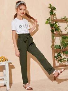 SHEIN 少女植物印花上衣配鬆緊褲頭腰帶套裝 - 軍綠色 - 查看 4