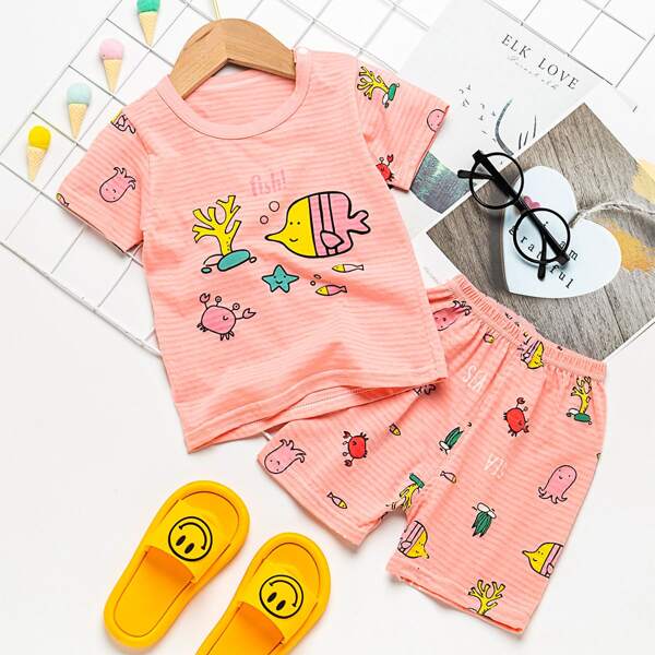 

Toddler Girls Letter & Cartoon Graphic PJ Set, Coral pink