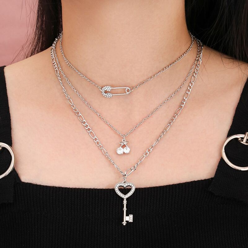 

Rhinestone Heart Layered Necklace, Silver