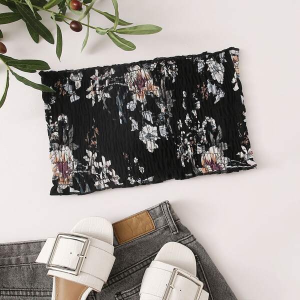 

Floral Print Shirred Tube Top, Black