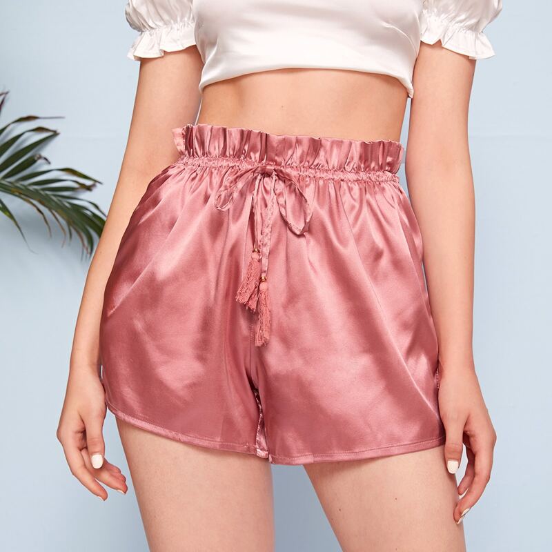 

Solid Frill Trim Shorts, Coral pink