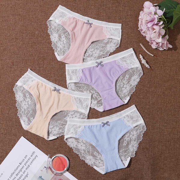 

4pack Lace Panel Sheer Panty, Multicolor