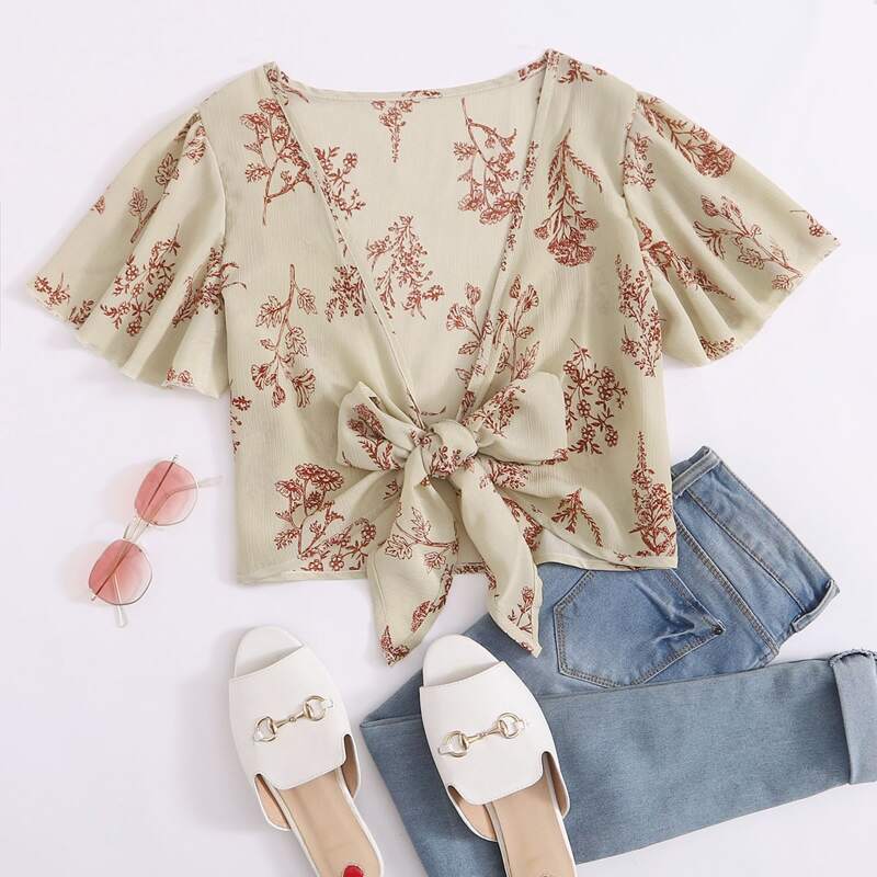 

Floral Tie Front Top, Multicolor