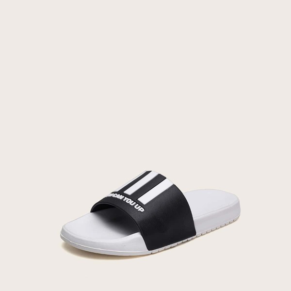 

Men Open Toe Striped Slide Sandals, Black and white