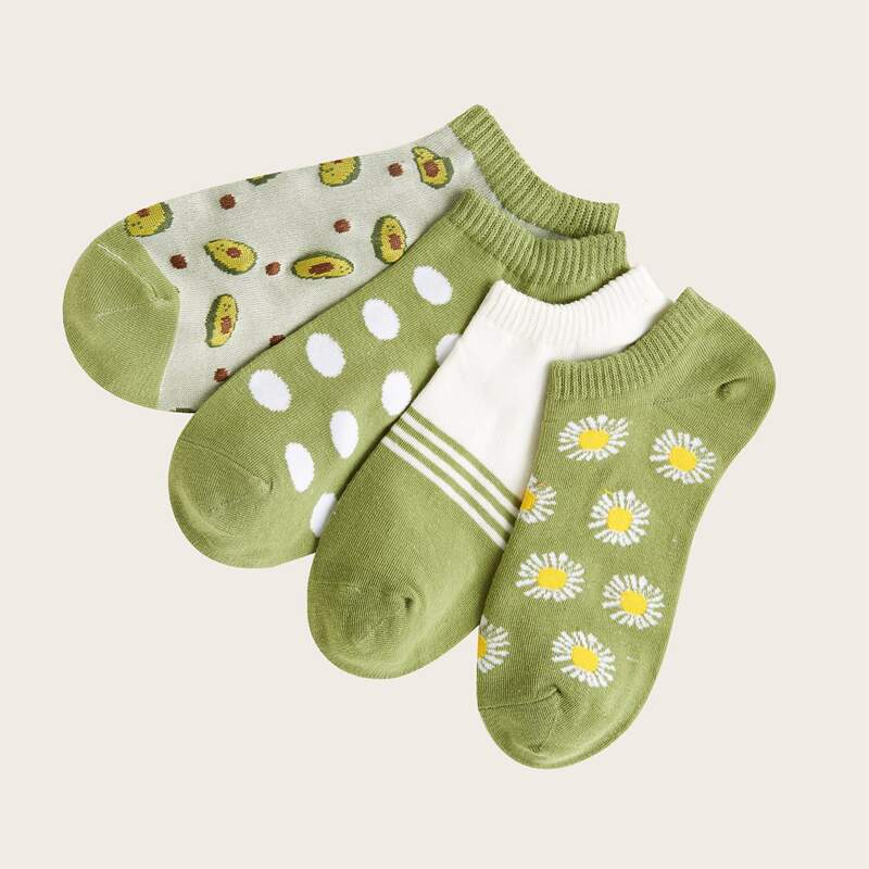

4pairs Daisy & Dot Pattern Socks, Multicolor