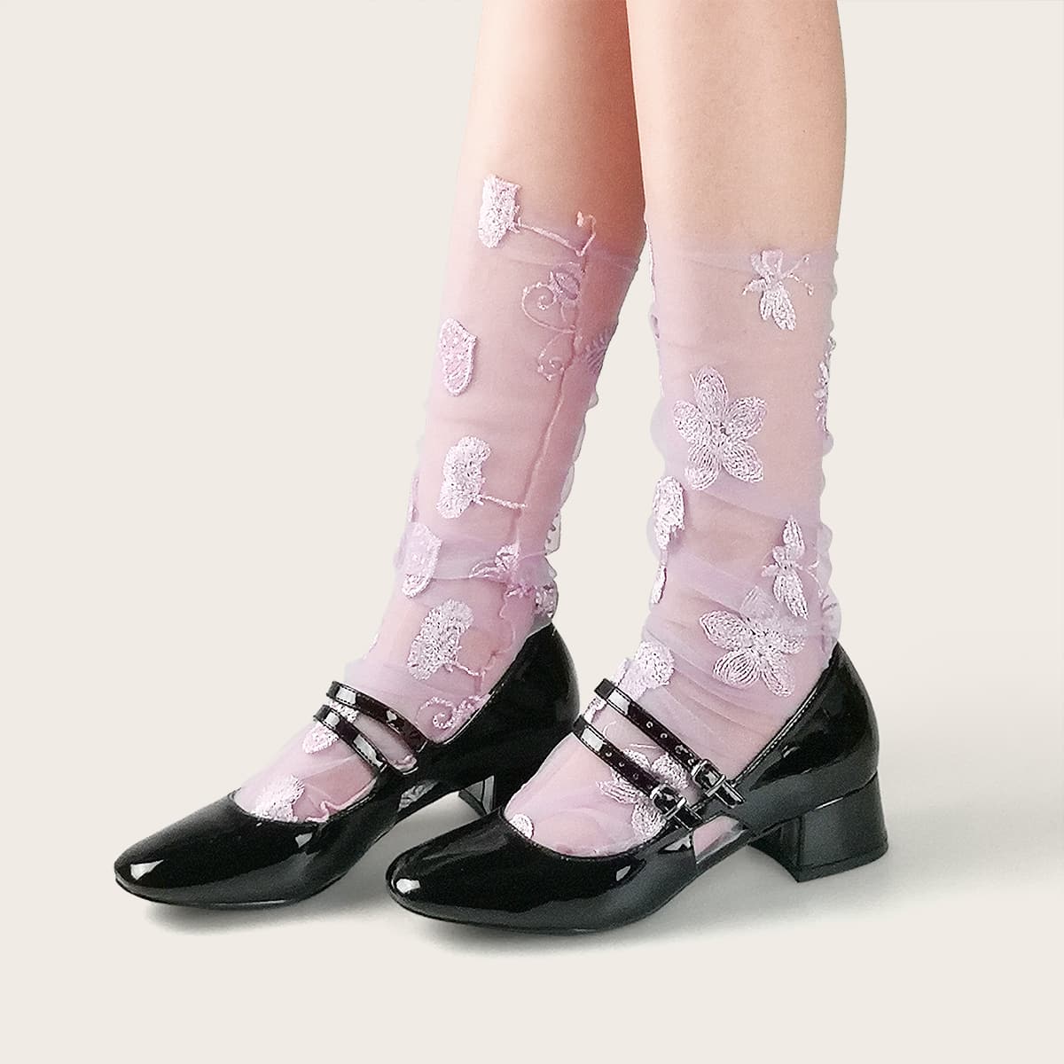 

Flower Embroidered Mesh Socks, Mauve purple