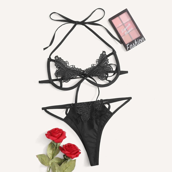 

Butterfly Detail Cutout Lingerie Set, Black
