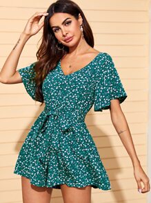 SHEIN VCAY Flutter Sleeve Belted Ditsy Floral Romper - Teal Blue - View 1