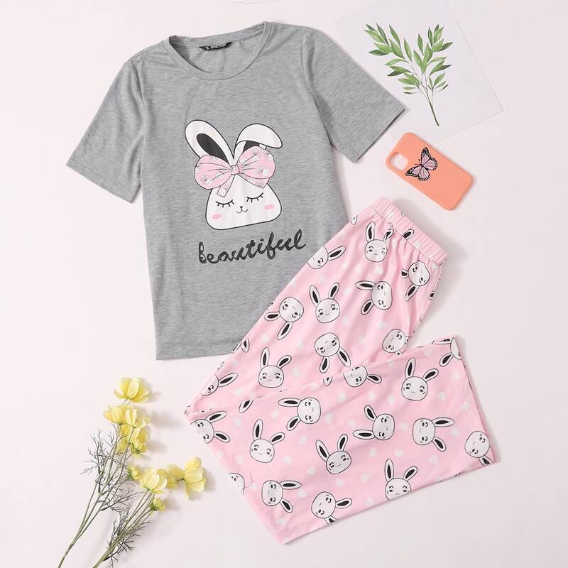 

Cartoon & Letter Graphic Top & Pants PJ Set, Multicolor