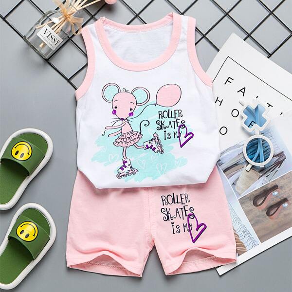 

Toddler Girls Cartoon And Slogan Graphic Tank & Shorts, Multicolor