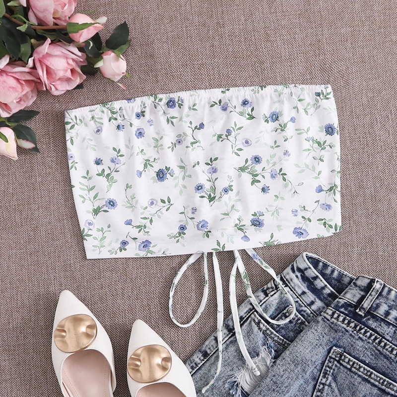 

Floral Lace Up Tube Top, White