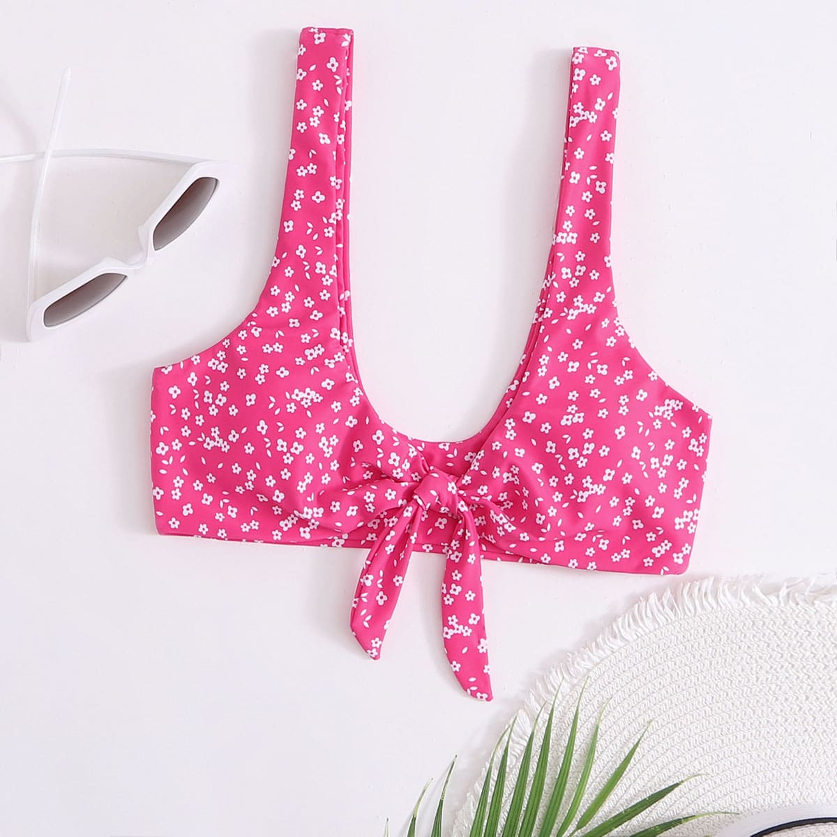 

Ditsy Floral Tie Bikini Top, Hot pink