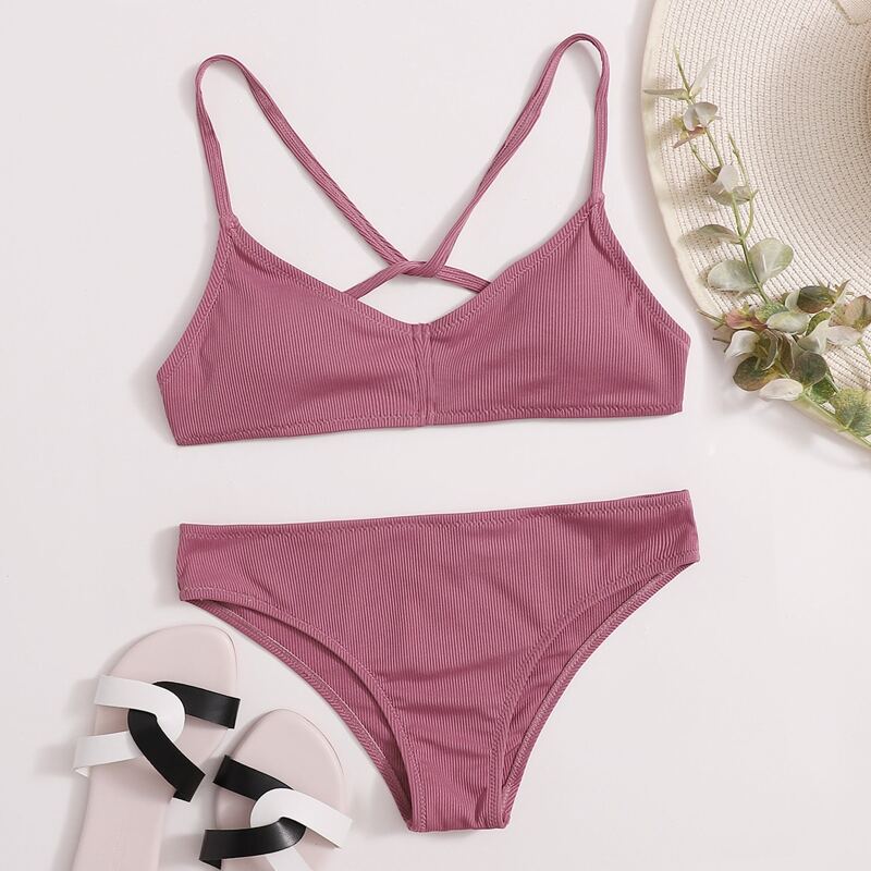 

Ribbed Strappy Bikini Swimsuit, Dusty pink