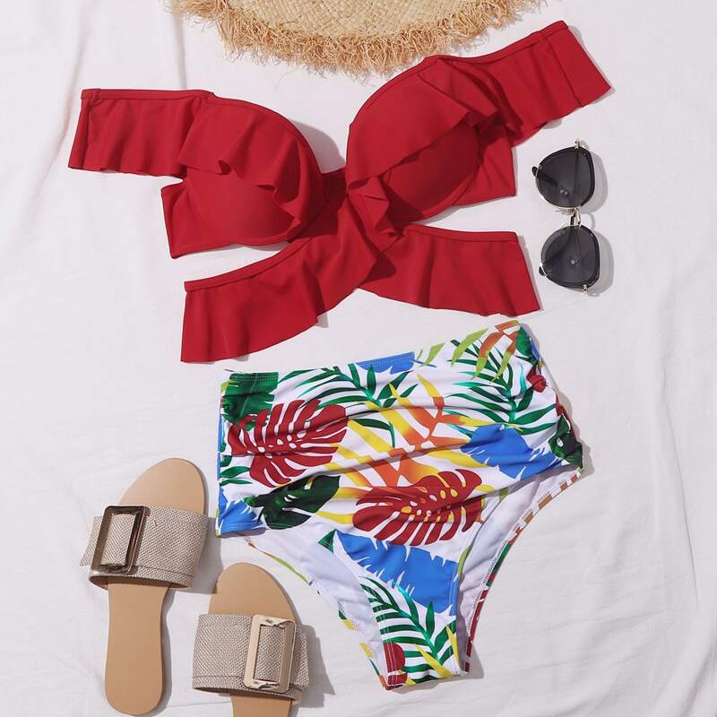

Ruffle Ruched Tropical Bikini Swimsuit, Multicolor