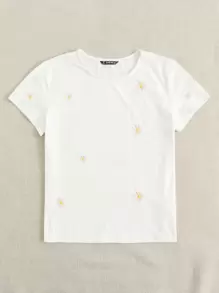 SHEIN EZwear Floral Embroidered Short Sleeve Tee - White - View 4