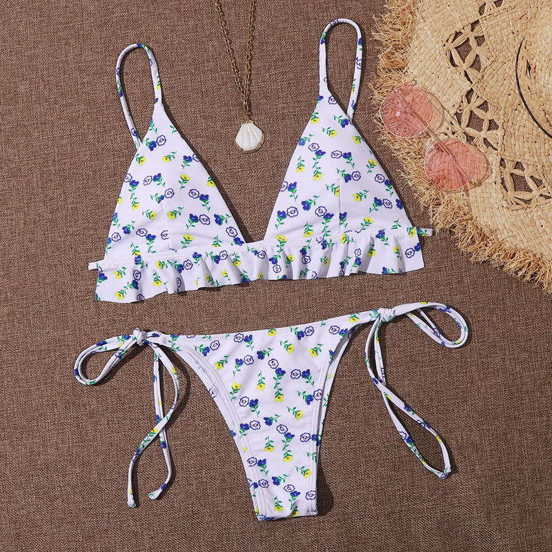

Floral Ruffle String Bikini Swimsuit, Multicolor