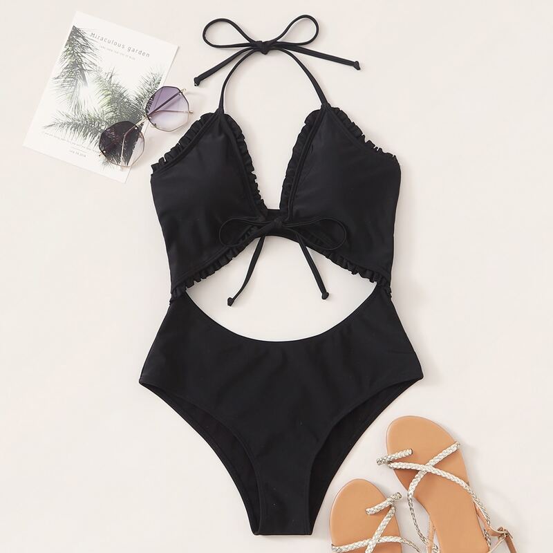 

Halter Cut Out One Piece Swimsuit, Black