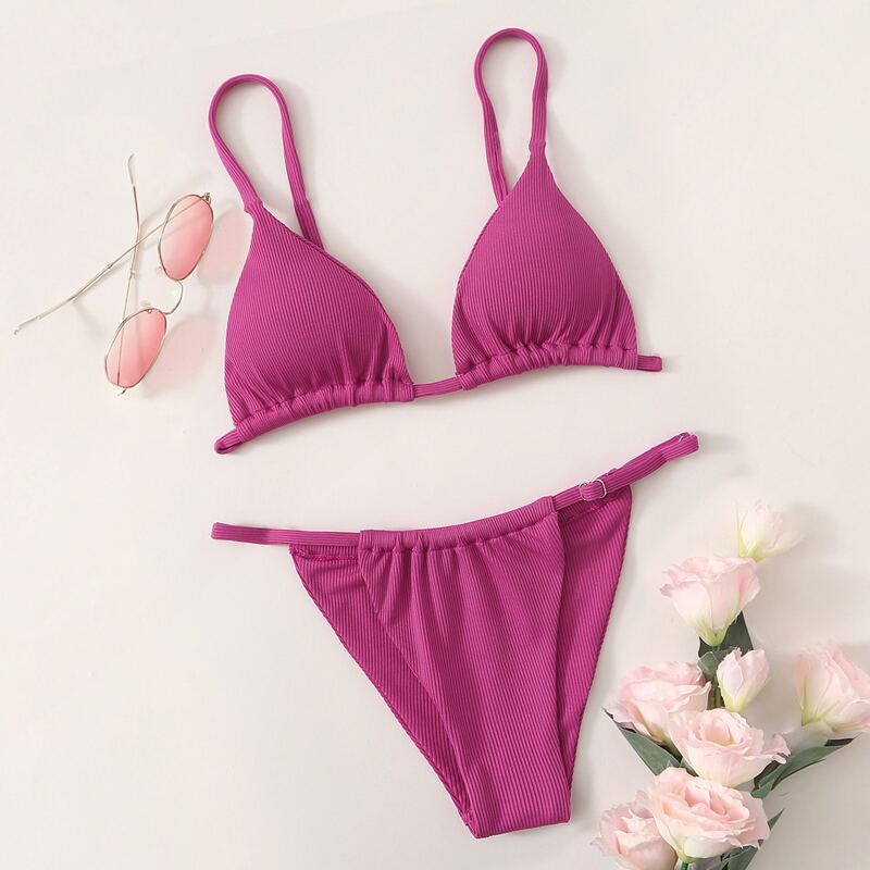 

Ribbed Thong Bikini Swimsuit, Red violet