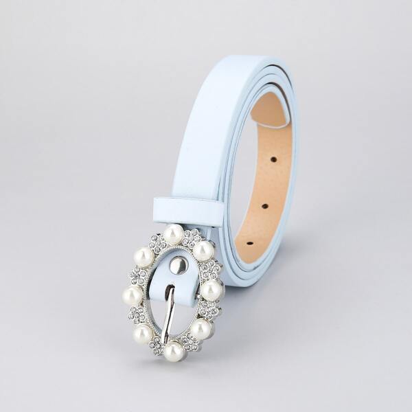 

Rhinestone Engraved Buckle Belt, Baby blue