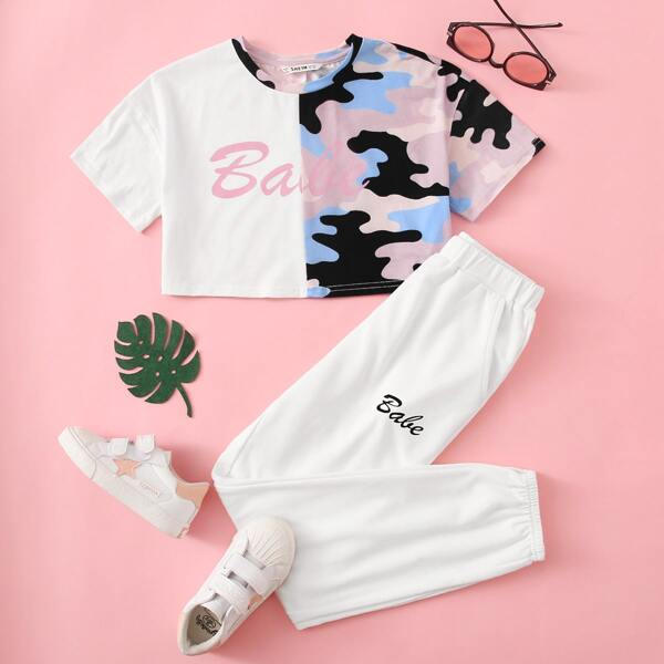 

Girls Letter Graphic Camo Top & Sweatpants Set, White