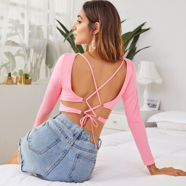 

Lace Up Backless Crop Tee, Pink