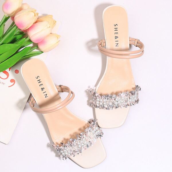 

Faux Pearl Decor Slingback Heeled Sandals, Beige