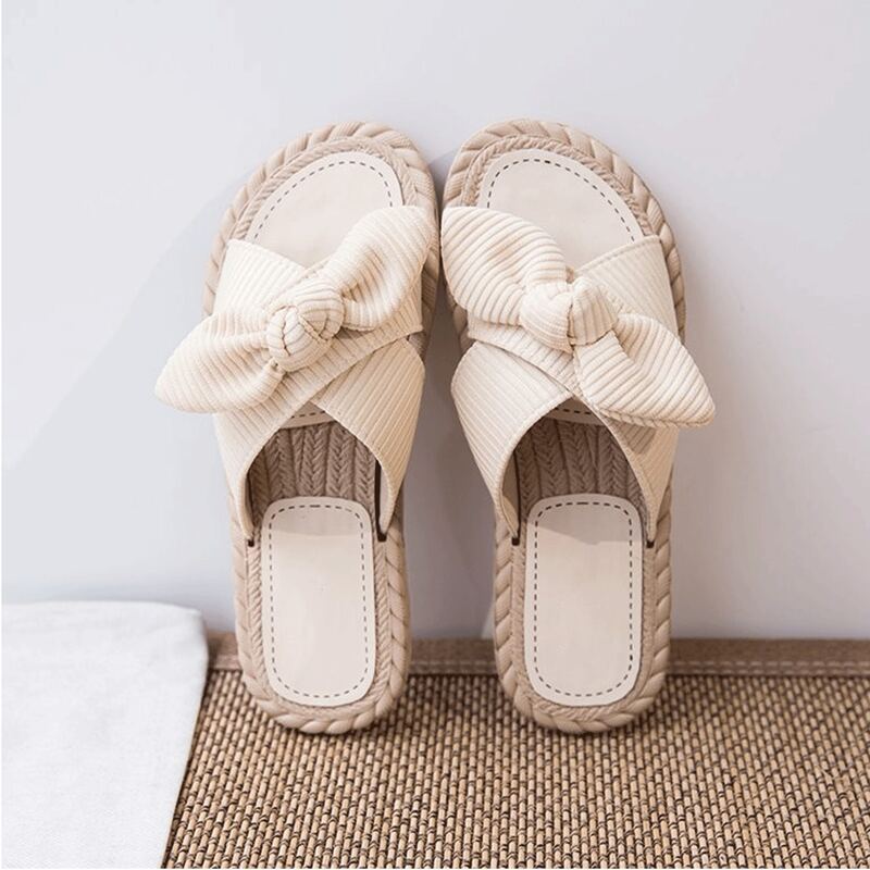 

Bow Decor Braided Slippers, Beige