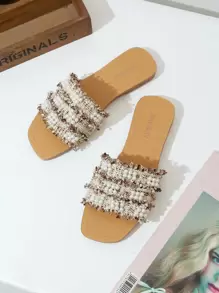 Faux Pearl Decor Slide Sandals - Beige - View 1
