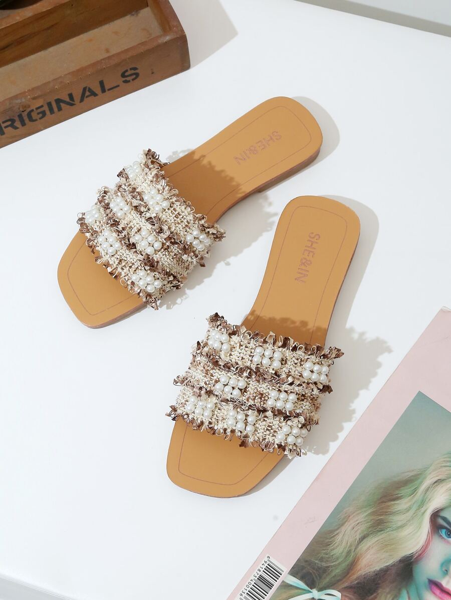 Faux Pearl Decor Slide Sandals - Beige - View 1