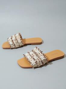Faux Pearl Decor Slide Sandals - Beige - View 2