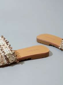 Faux Pearl Decor Slide Sandals - Beige - View 4