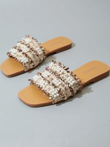 Faux Pearl Decor Slide Sandals - Beige - View 5