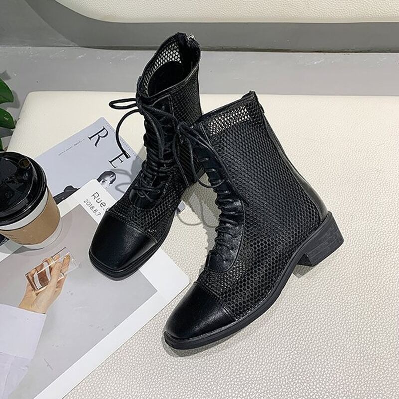 

Lace-up Mesh Boots, Black