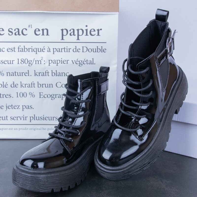 

Buckle Lace-up Lug Sole Boots, Black