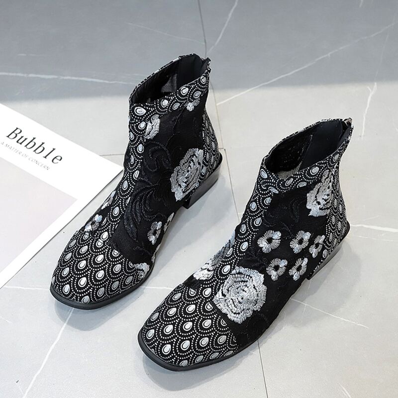 

Floral Embroidered Ankle Boots, Black
