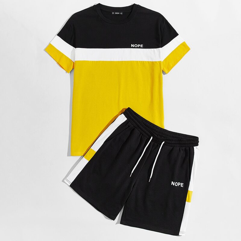 

Guys Letter Graphic Colorblock Tee & Sweat Shorts Set, Multicolor