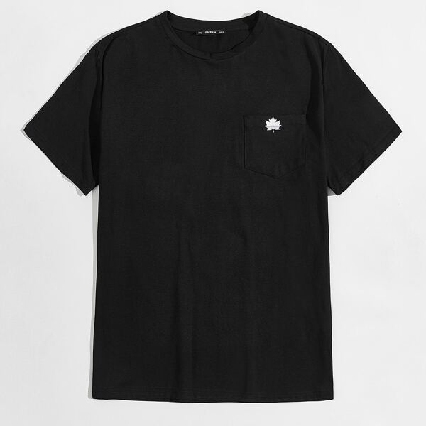 

Men Leaf Print Pocket Front Top, Black