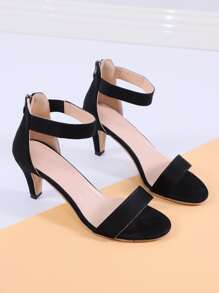 Ankle Strap Kitten Heeled Sandals - Black - View 1