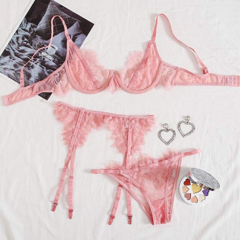 

Eyelash Lace Bra & Panty & Garter, Pink