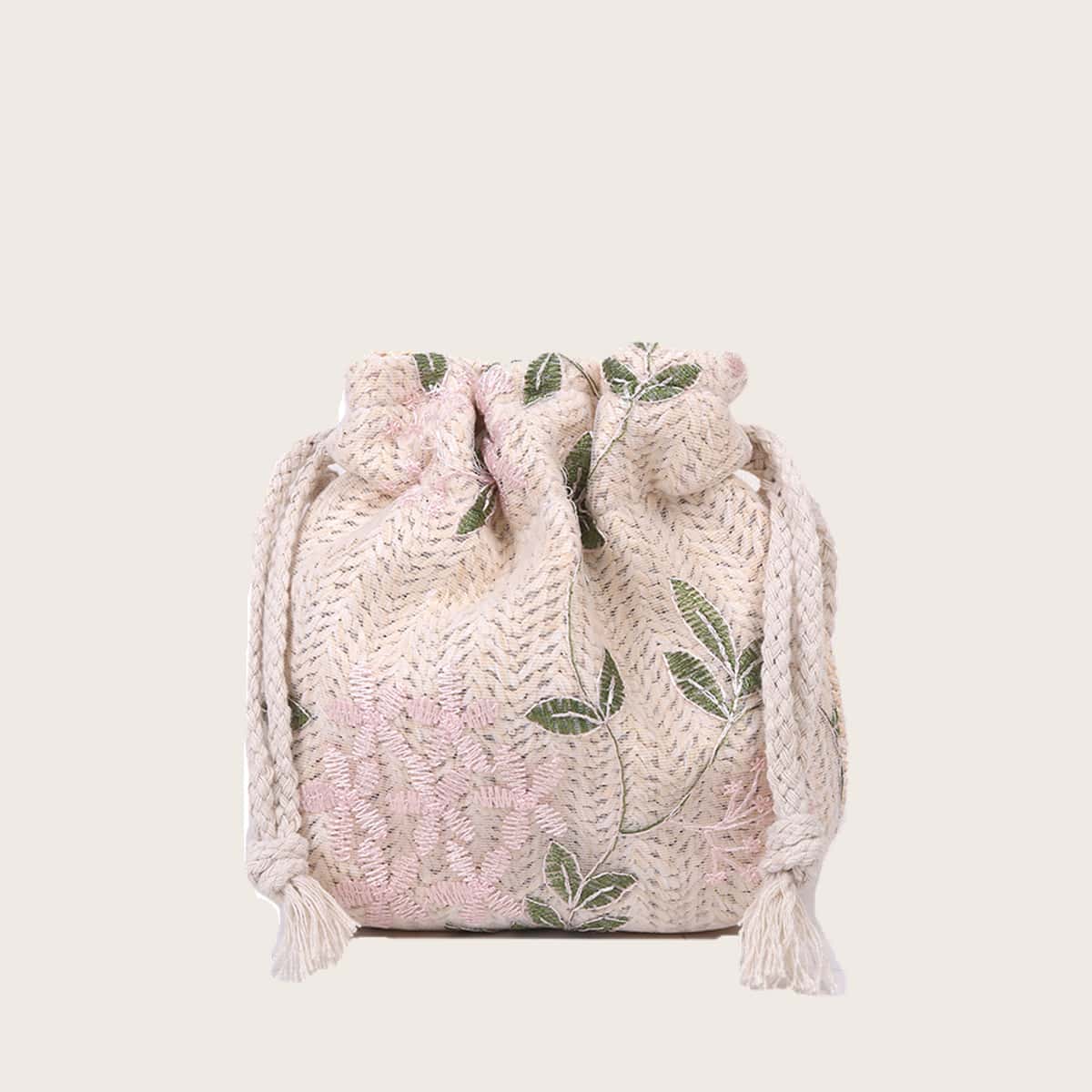 

Floral Embroidered Woven Crossbody Bag, Beige