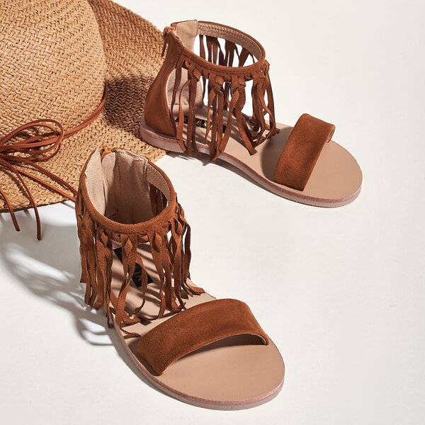 

Toddler Girls Fringe Decor Zip Back Sandals, Brown