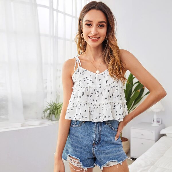 

Self Tie Shoulder Frill Trim Floral Cami Top, White