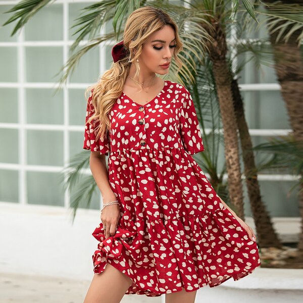 

V-neck Buttoned Allover Print Babydoll Dress, Red