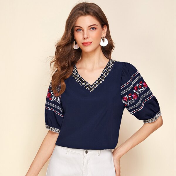 

V-neck Tribal Embroidered Top, Navy blue