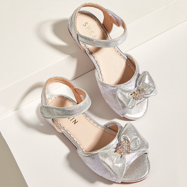 

Toddler Girls Bow Decor Floral Lace Sandals, Silver