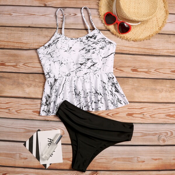 

Marble Print Ruffle Hem Bikini Swimsuit, Black and white