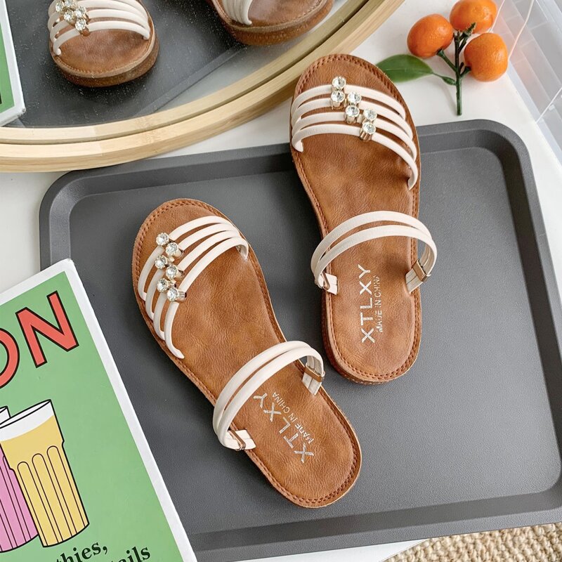 

Rhinestone Strap Sandals, Beige