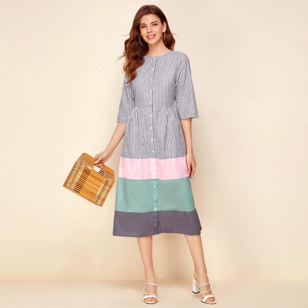 

Button Front Striped Colorblock Dress, Multicolor