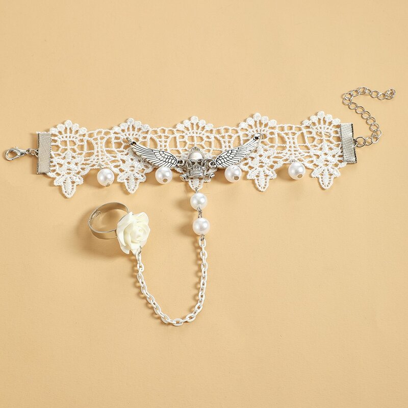

Lace Skull Finger Ring Bracelet, Silver
