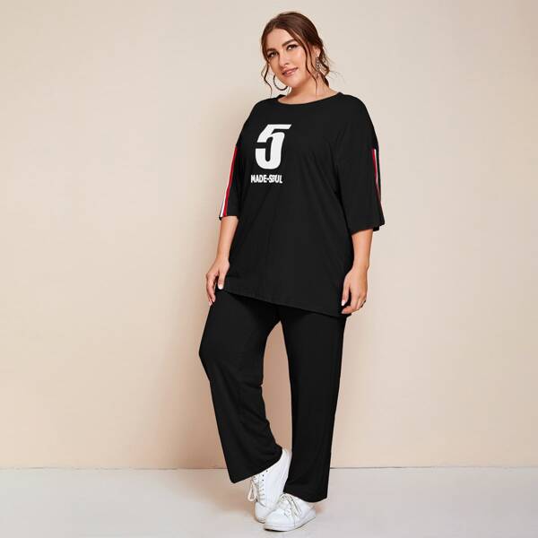 

Plus Letter Graphic Striped Sleeve Tee and Joggers Set, Black
